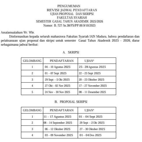 PENGUMUMAN REVISI JADWAL UJIAN SKRIPSI FAKULTAS SYARIAH SEMESTER GASAL TA. 2025/2026